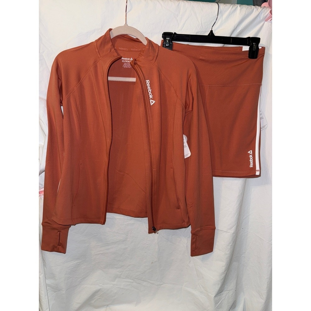 Reebok Womens 2 Piece Set Jacket and Bike Shorts Burnt Orange Aragon NWT Small
